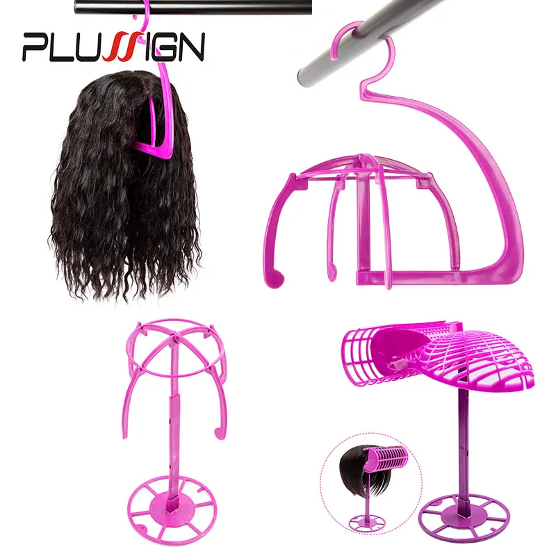 Plussign New Style Plastic Wig Stand Hanging Wig Display Stand Pink Color Salon Wigs Hat Folding Stable Durable Wig Holders 5Pcs