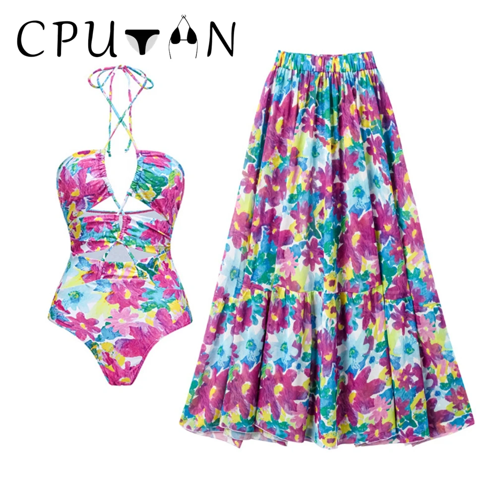 

CPUTAN 2023 новый сексуальный 3D Цветочный цельный купальник Летний комплект бикини с высокой талией вырез купальный костюм юбка пляжное платье