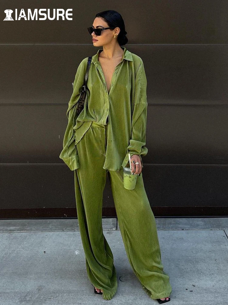 

IAMSURE Casual Loose Folds Pants Set Women 2022 Spring Holiday 2 Piece Sets Long Sleeve Shirts Blouse Wide Leg Pants Trousers