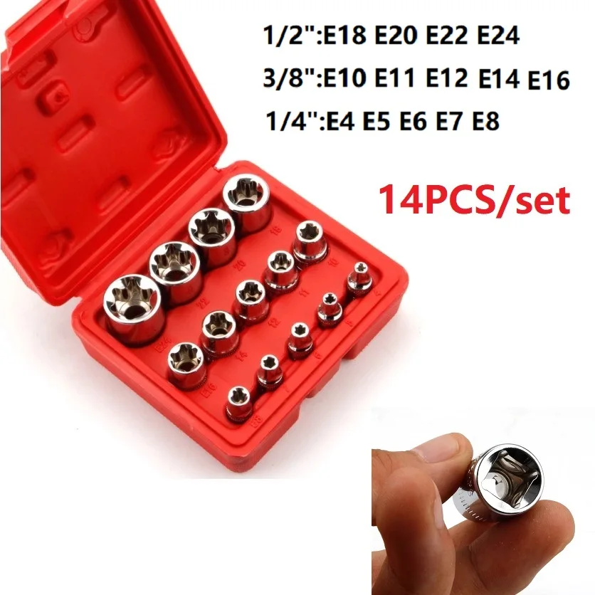 

14Pcs/Set E Torx Star Female Bit Socket Set Female Bit Socket Set 1/2" 3/8" 1/4" Drive E4 - E24 Repair Tool Hand Tool Set High