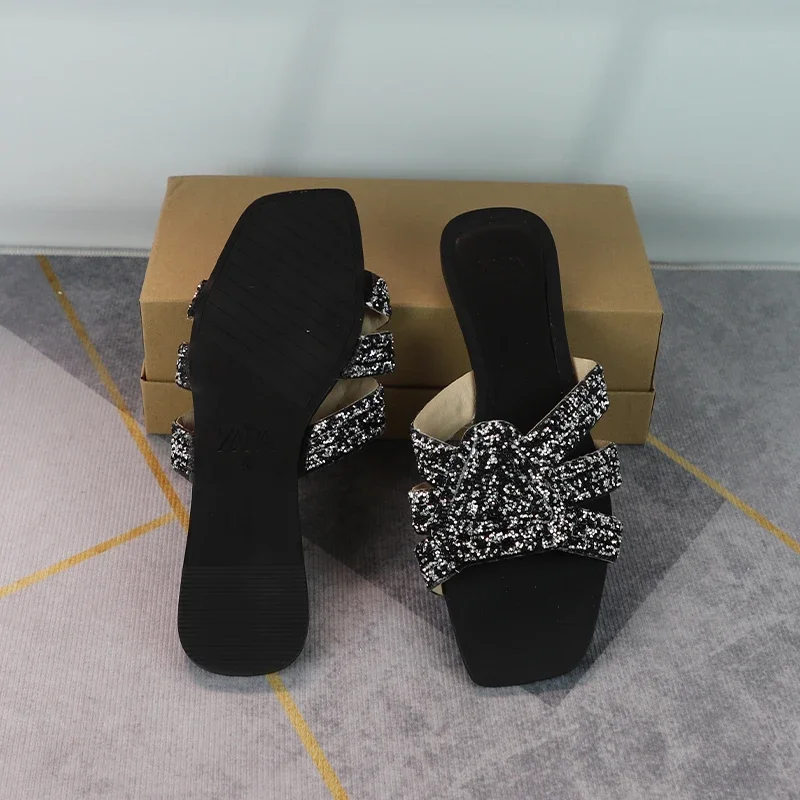 Женские блестящие золотистые сандалии модные шлепанцы на плоской подошве со