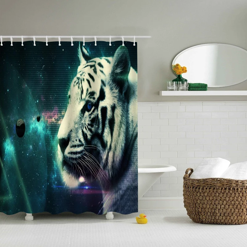 White Tiger Shower Curtain Home Decor 3D Print Jungle Animal Waterproof Polyester Bathroom Kitchen Blackout Curtain Cortina Baño