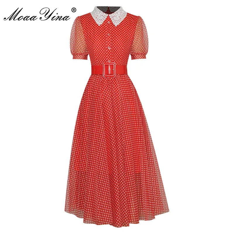 

MoaaYina Fashion Runway dress Summer Women's Dress Turn-down Collar Single-breasted Sashes Red Plaid Printed Casual Midi Dresses
