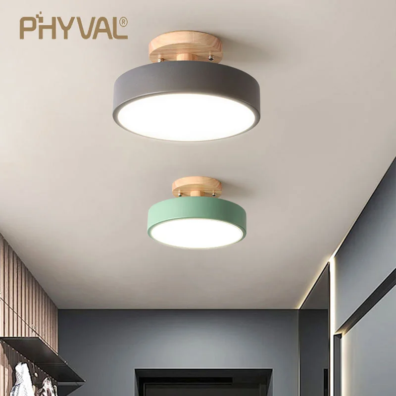 

PHYVAL Nordic Ceiling Lamps Macaron Wooden LED Ceiling Light Modern Round Metal Ceiling Light For Bedroom Living Room Hom Decor