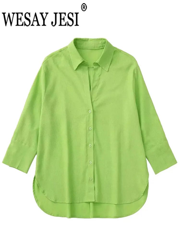 

WESAY JESI Женская Однотонная рубашка с длинным рукавом с лацканами однобортная уличная мода с разрезом Свободная Женская Офисная Повседневная