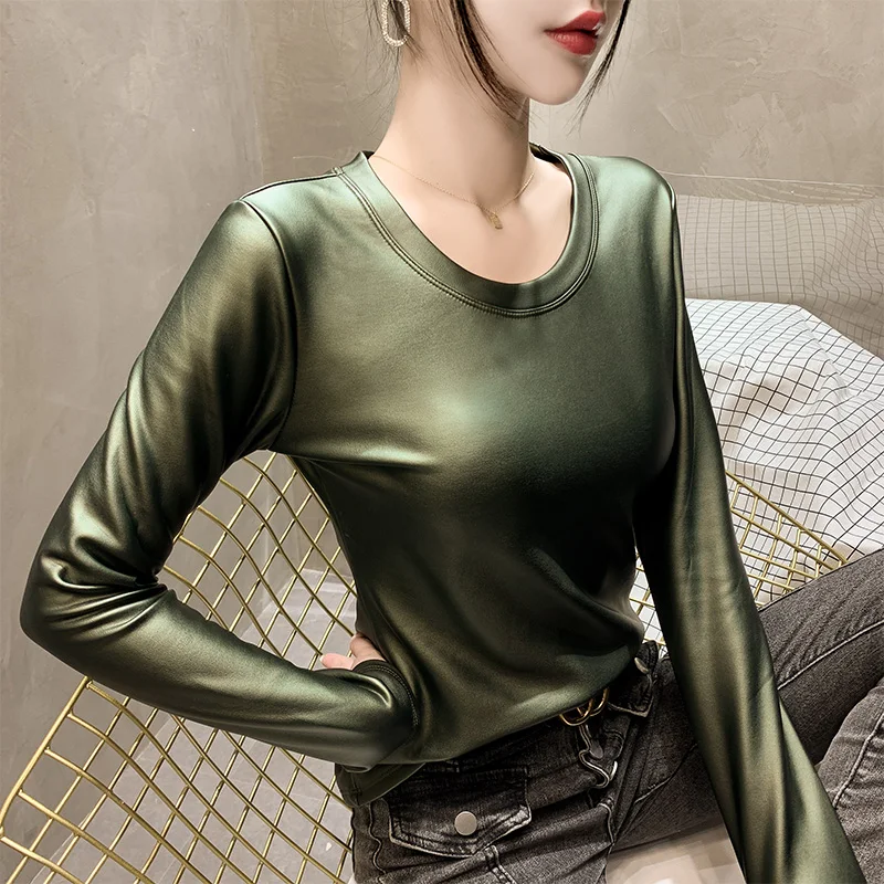 

Autumn Winter Skinny Women Faux Leather Shirt Women Warm Blouse Skinny Elastic PU Leather Long Sleeve Top Mujer Chemise Femme