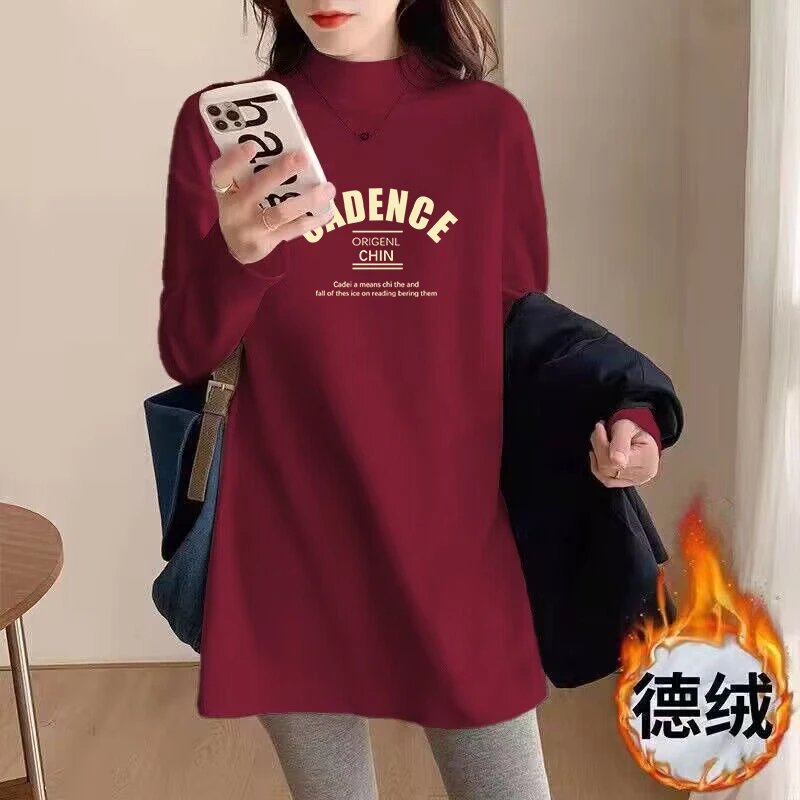 Red Half-high Collar Bottoming Shirt Women 2024 Autumn and Winter Clothing Thickened Warm High-Grade Hip Covering Long sleeve...