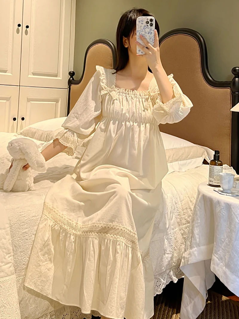 

Women Pure Cotton Square Collar Ruffles Long Sleeve Princess Night Dress Fairy Vintage Pyjama Pour Femme Nightgowns Sleepwear