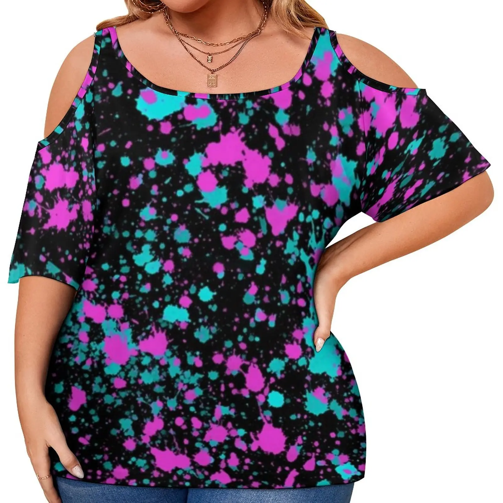 

Neon Paint Splatter T Shirts Pink And Blue Street Fashion T Shirt Short Sleeve Elegant Tshirt Sexy Print Tops Plus Size 3XL 4XL