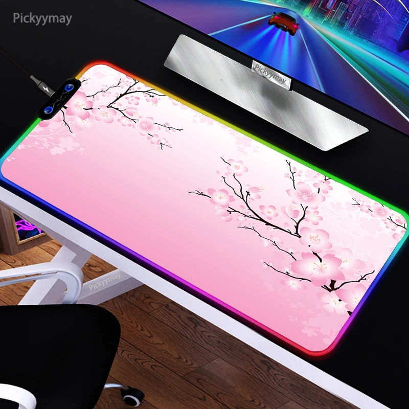 Cherry Blossoms Mouse Pad RGB Gaming Mousepad Pink Sakura Large Desk Mats Computer Gamer LED Glowing Carpet PC Table Mat 90x40cm