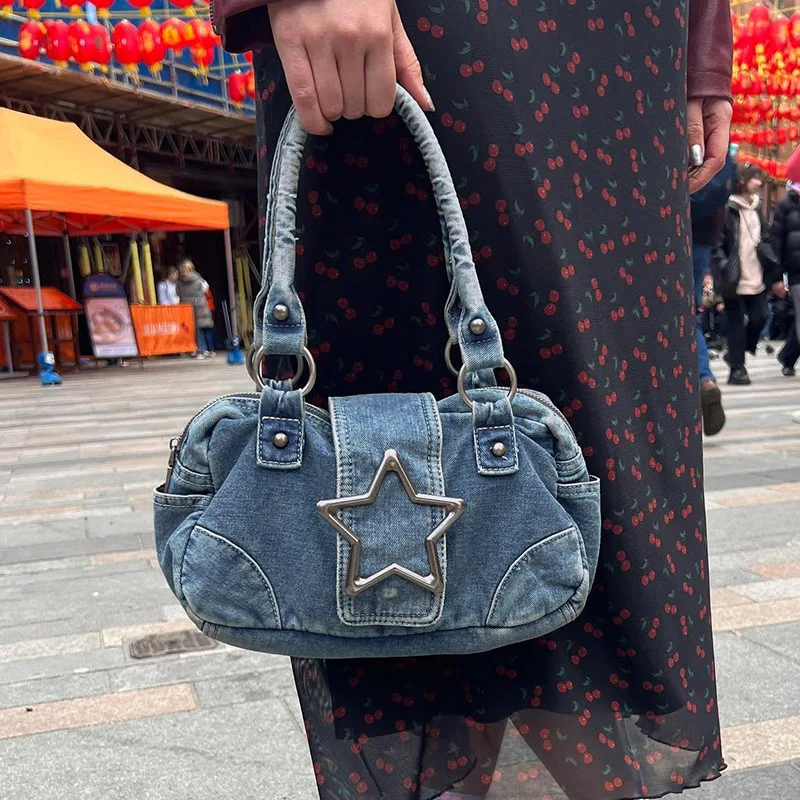 

Fanchila Street Style Fashion Women's Bag Vintage Y2k Gothic Handbag Metal Star Patchwork Denim Large Capacity Underarm Bag