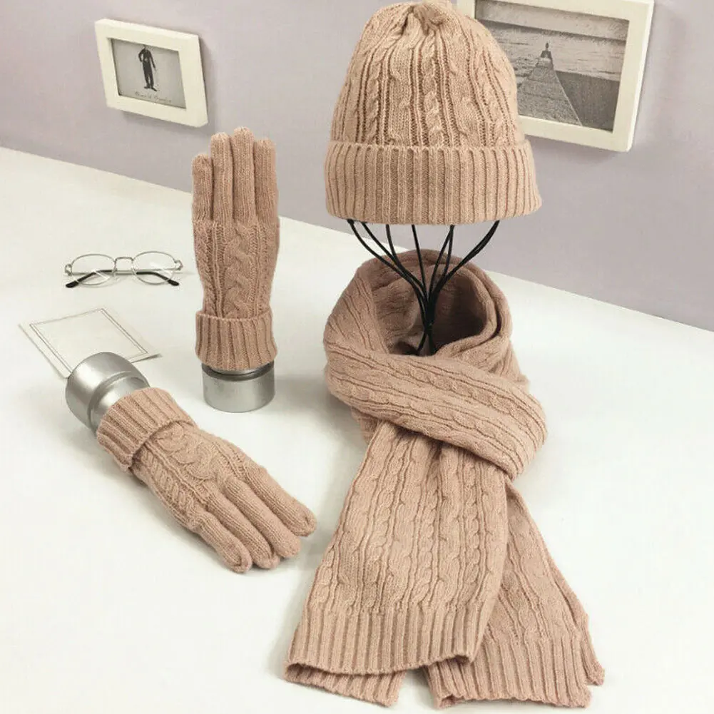 

Fashion Ladies New Autumn Winter Warm Solid Color Scarf Hat Glove Sets Women Thick Knit Soft Knitted Woollen Set