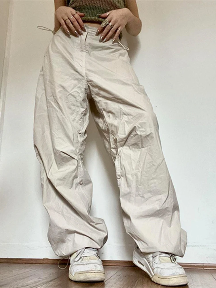 

WJFZQM Fashion Drawstring Loose Low Waist Streetwear Cargo Pants Womens Hippie Joggers Trousers Casual Baggy Wide Leg Sweatpants