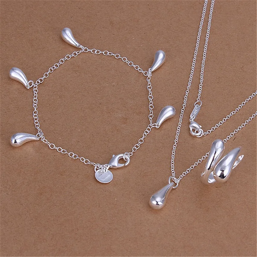 

925 Sterling Silver Jewelry set for women classic Water droplets Pendant necklace bracelet rings Hot charm Fashion Party Gifts