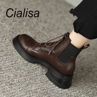 cialisa winter genuine leather women ankle martins boots round toe thick sole square mid chunky heels shoes lace up footwear new