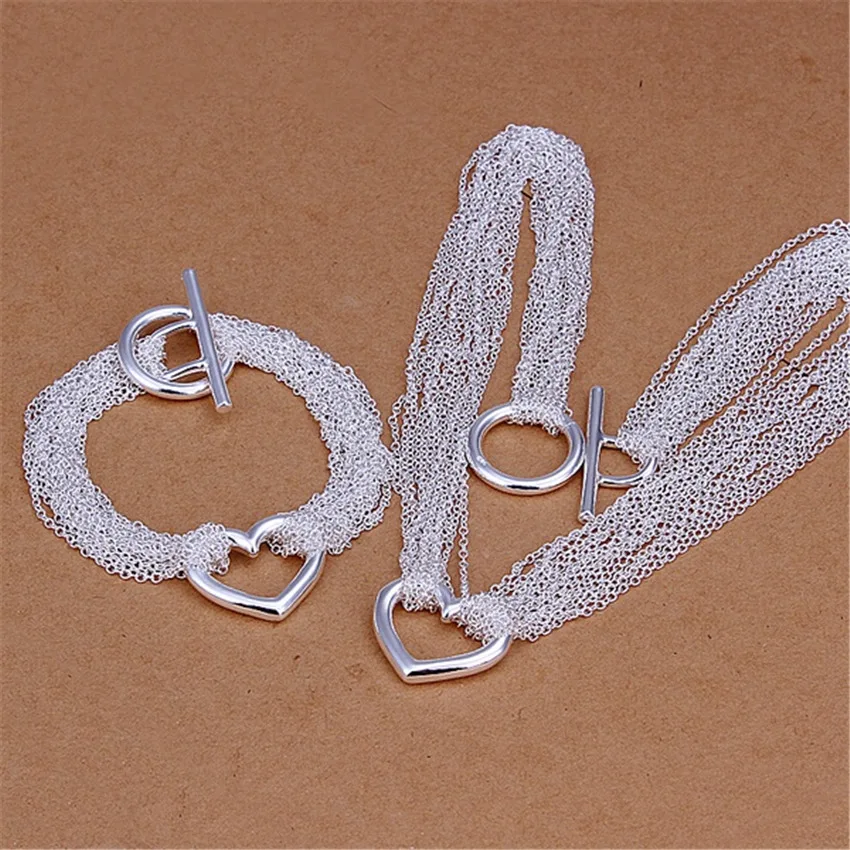 

Fine 925 Sterling Silver Tassel Chain Heart Bracelets Neckalce Bohemia for Women Wedding Jewelry Sets Original Designer Gifts