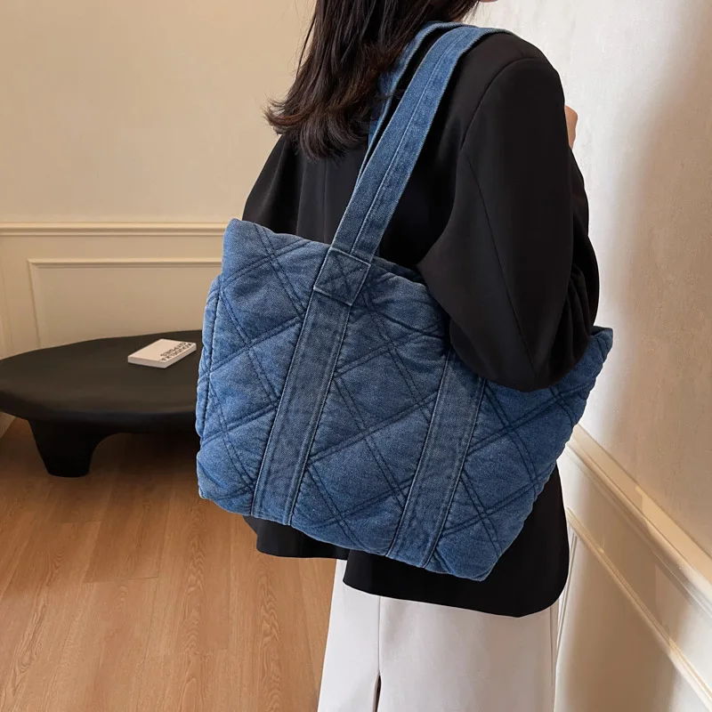 Японская джинсовая хлопковая сумка-тоут с сетчатым дизайном для осени и зимы