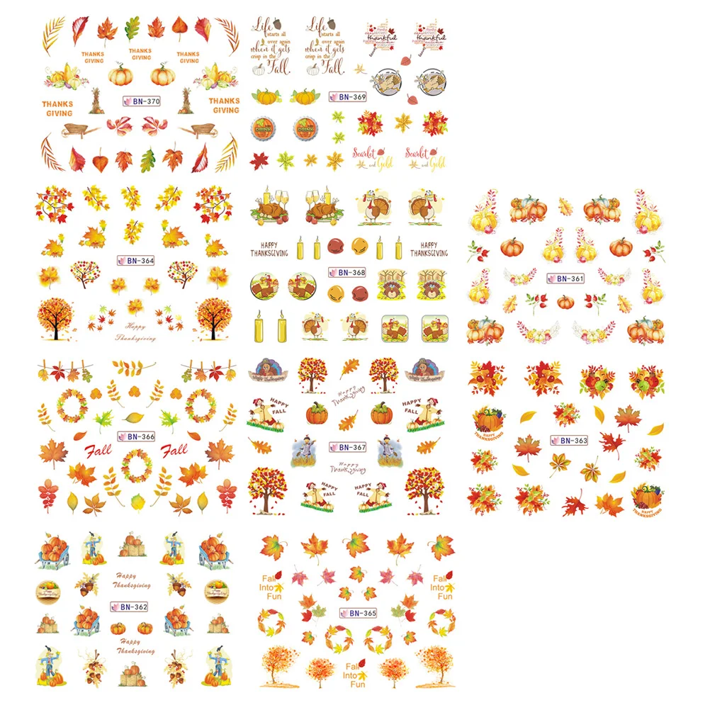 

10 листов, самоклеящиеся наклейки для ногтей с изображением кленового листа и тыквы