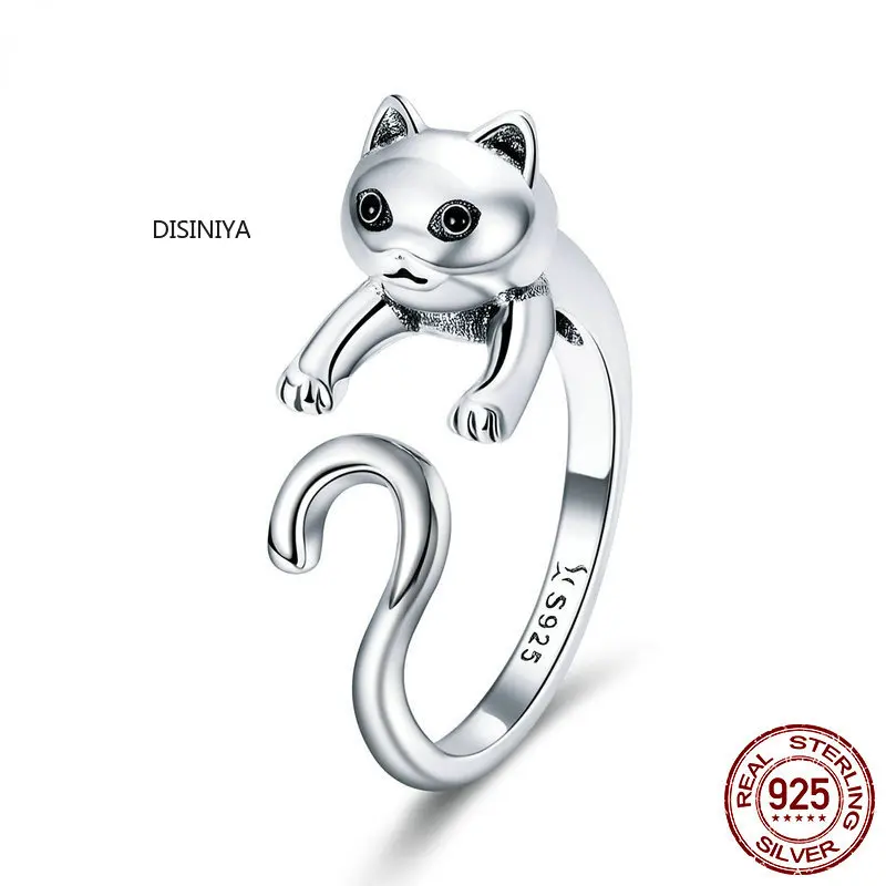 

Genuine 925 Sterling Silver Long Tail Cute Cat Finger Rings for Women Adjustable Size Sterling Silver Jewelry SCR409