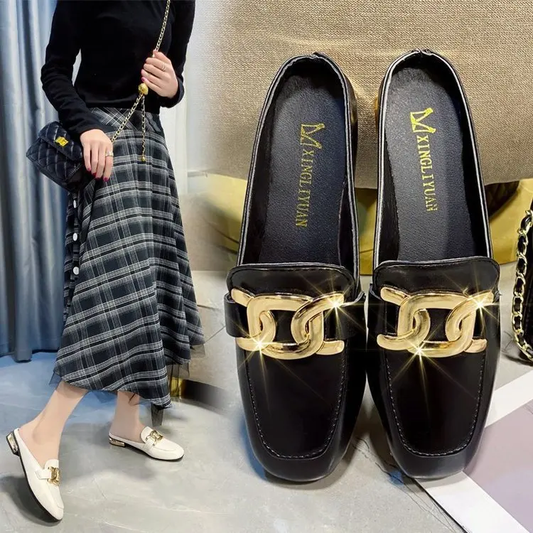 

Female Shoes Rivet Slippers Casual Slides Cover Toe Low 2022 Luxury Soft Flat PU Synthetic Rome Fashion Rubber Fabric Hoof Heels