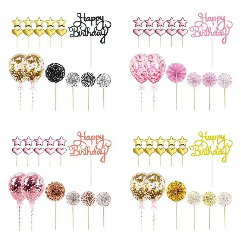 

Cake Topper Set Happy Birthday Cake Inserting Decor Cake Topper Decor Stars Hearts Balloons For Birthday Party Photo Props