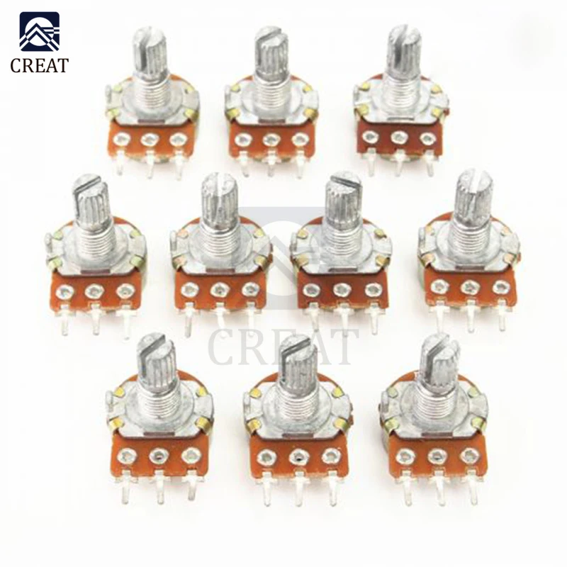 

WH148, 1K, 2K, 5K, 10K, 20K, 50K, 100K, 250K, 500K, 1M, 3 контакта, рифленый вал, Линейный Конус, роторный потенциометр, резистор с ручкой для Audrino