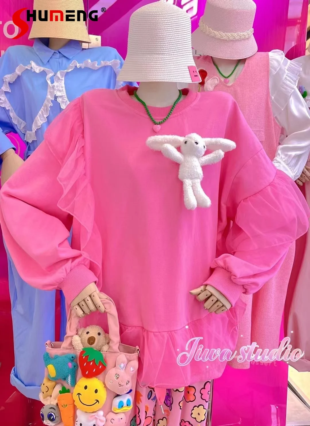 

Korean Style 2022 Autumn New Mesh Stitching Sweet Cute 3D Cartoon Pink Sweatshirt Women's Round Neck Long Sleeve Pullover Hoodie