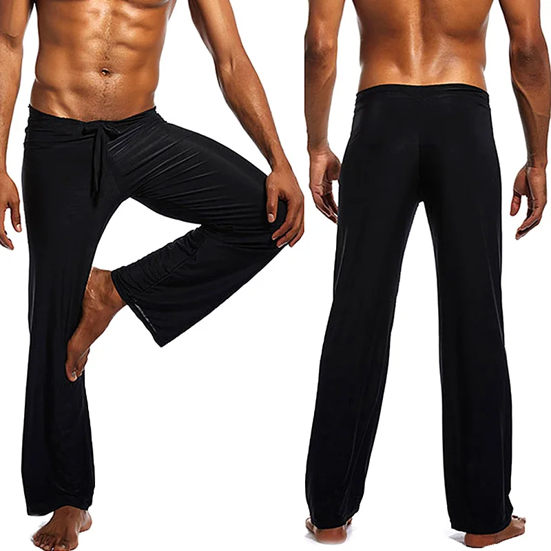 

Men Pajama Pants Low-waist Solid Color Ice Silk Drawstring Trousers Long Yoga Elastic Sleep Bottoms Loose Casual Homewear