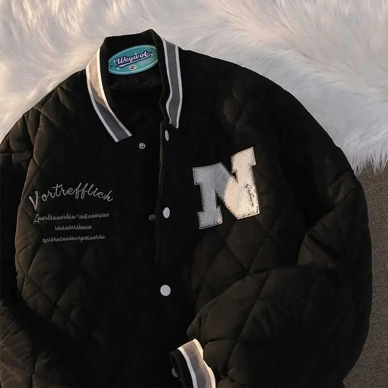 American retro big thick baseball uniform padded jacket for men women student winter new loose high street coat punk streetwear
