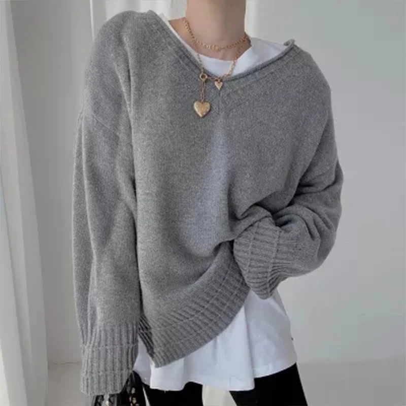 

Women's Clothing Vintage Knitting Sweater V Neck Crimping Long Sleeve Casual Simplicity Korean Fashion Baggy Tops Ladies Autumn