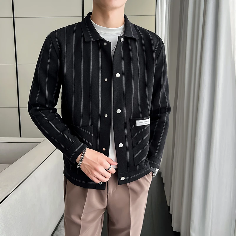 

Classic Striped Long-sleeved Sweater Knit Coat Black Lapel Casual Men Jacket Cardigan Men Slim All Match Sweater Coat Size 4XL-L
