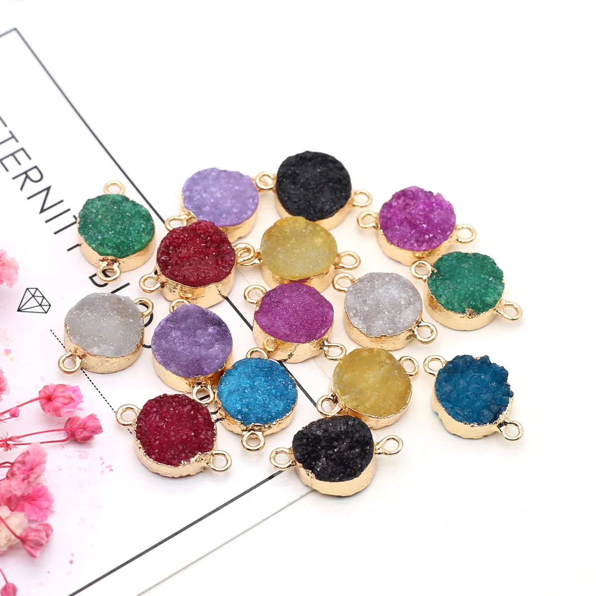 

Round Shape Colorful Druzy Stone Connectors Geode Agate Link Necklace Accessories Jewelry Making DIY Gift