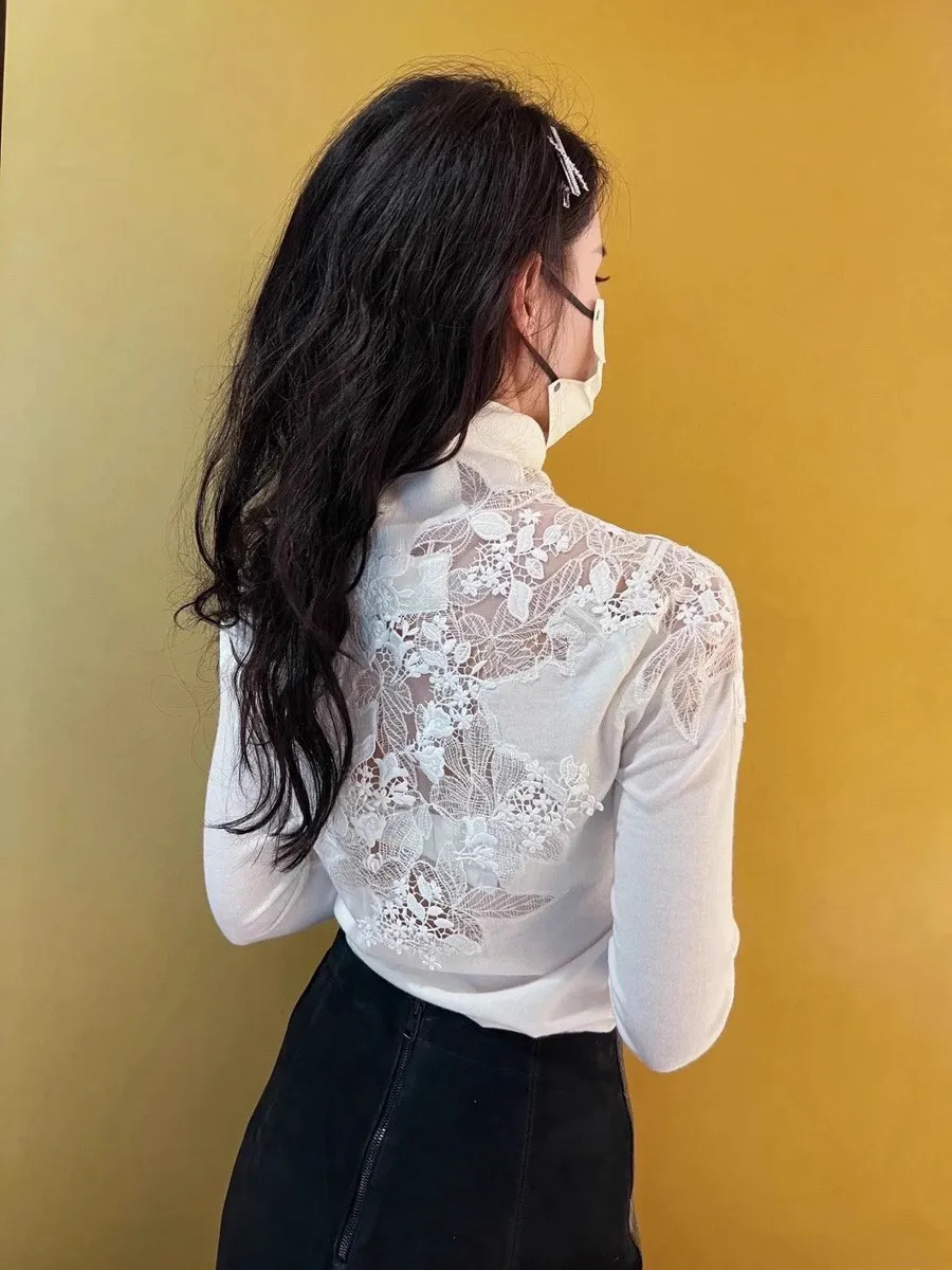 Белый удобный шерстяной женский свитер сексуальный прозрачный кружевной топ с