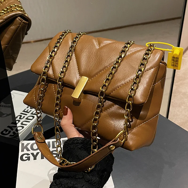 Soft Leather Texture Versatile Crossbody Bag New Trendy Car-Stitched Chain Single Shoulder Bags Fashion Casual Portable Satchel