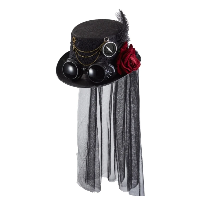 

Gothic Hair Hat Steampunk Top Hat with Flower Lace Veil Cosplay Top Hat with Feather for Halloween Carnival Party 57BD