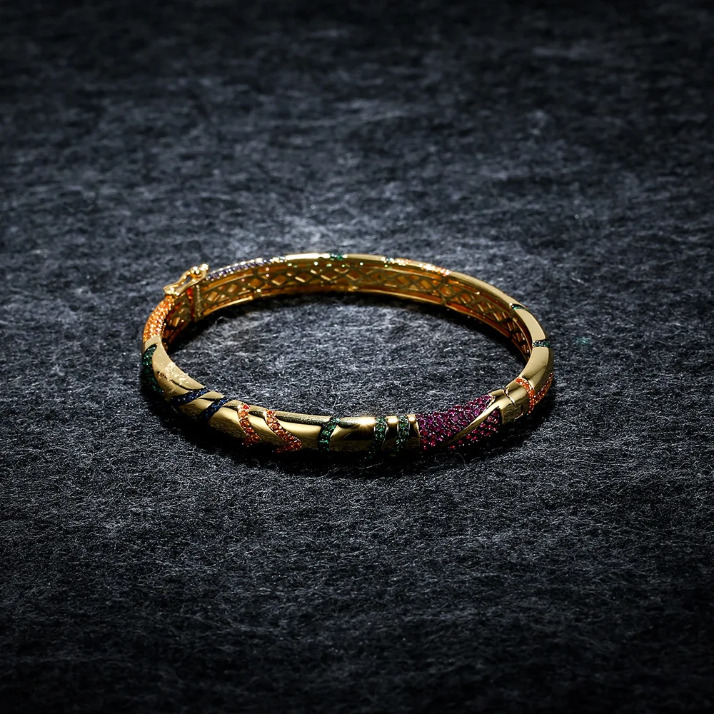 

APM STYLE High Quality 925 Sterling Silver Colorful Tribal Bracelet Color Inlaid With Diamond Stripe Vintage Bracelet Gift