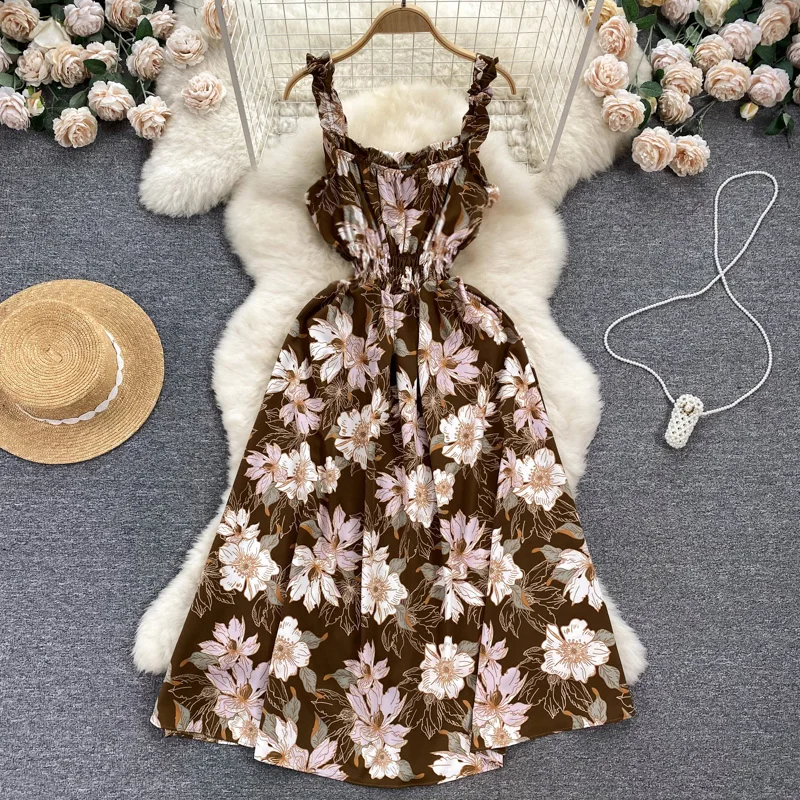 

Винтажное плиссированное платье-комбинация с цветочным принтом, шикарное летнее пляжное платье-трапеция с оборками, женский сарафан для отпуска