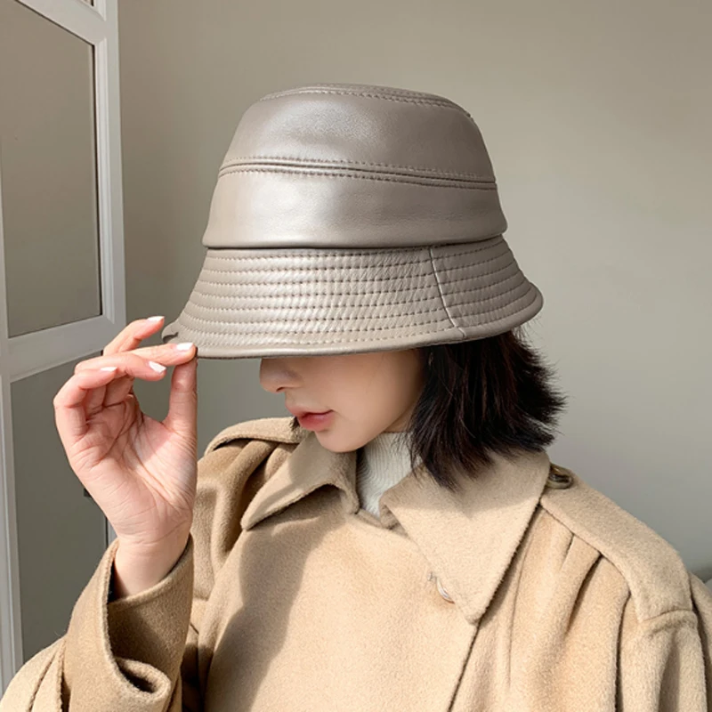 

Japanese Women Sun Shade 100% Bucket Hat Genuine Leather Fisherman Caps Female Chic Grey Purple Basin Go Shopping