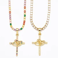 rainbow zirconia tennis chain cross heart pendant necklace for woman short neck choker link religious faith charm jewelry gifts