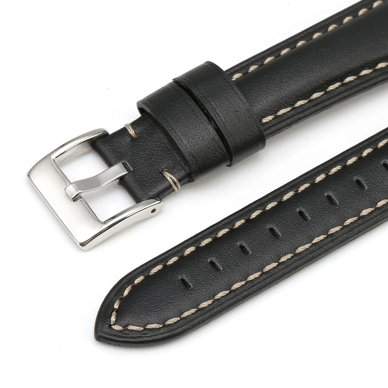 Leather strap cowhide strap stainless steel buckle sewing strap breathable   strap black brown 18MM