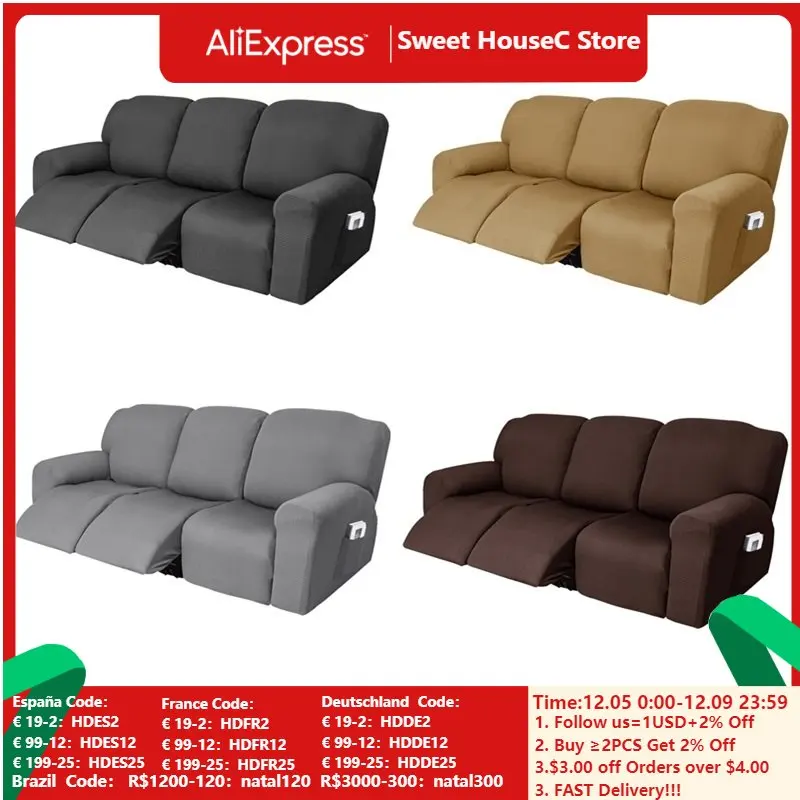

3 Seater Spandex Stretch Recliner Cover Solid Color Jacquard Sofa Covers Relax Armchair Furniture Protector with Side Pocket