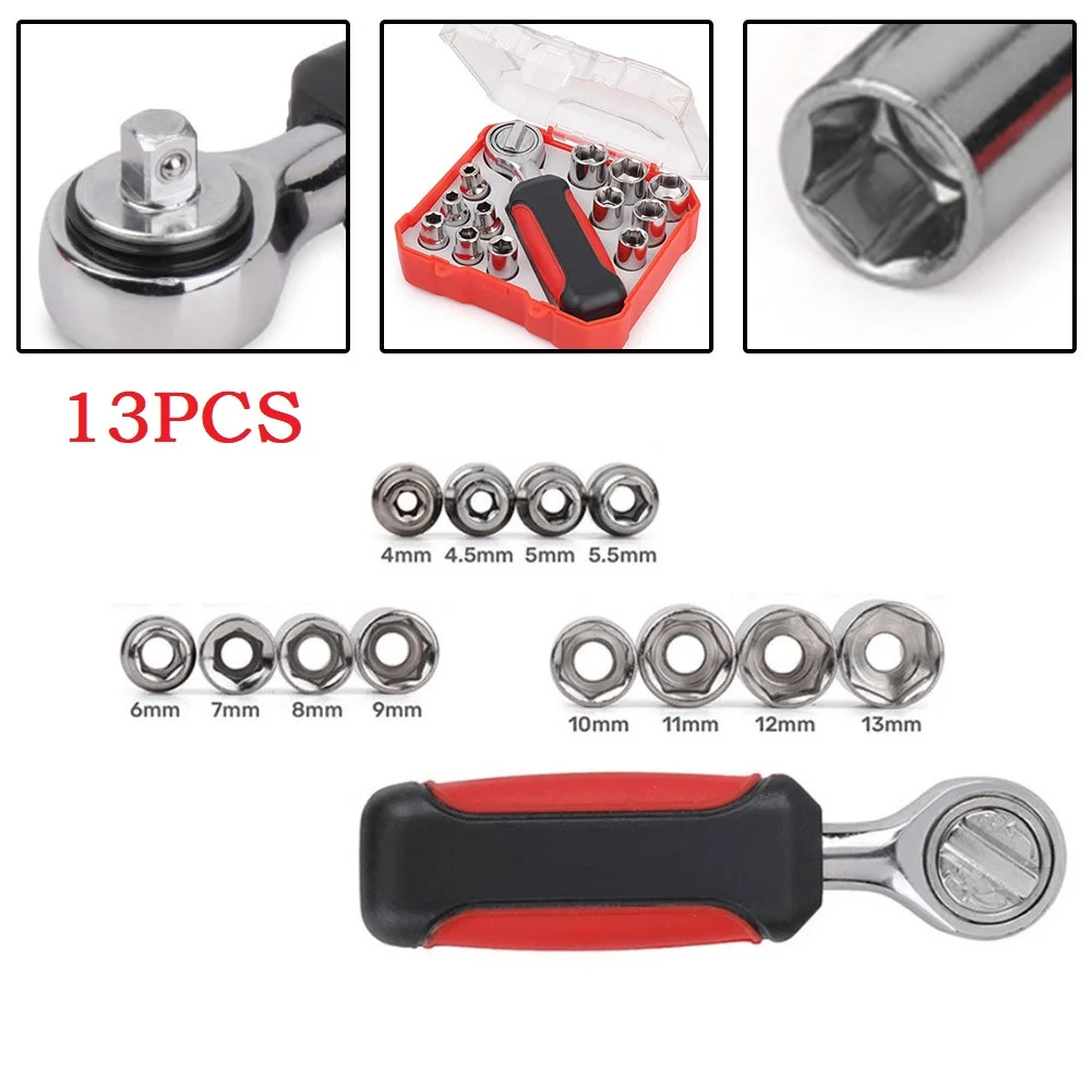 

13Pcs Ratchet Wrench Socket Set 1/4 Auto Repair Hand Tool 4 To 13mm Wrench Head For Drive 1/4inch 6.35mm Square Household Tool