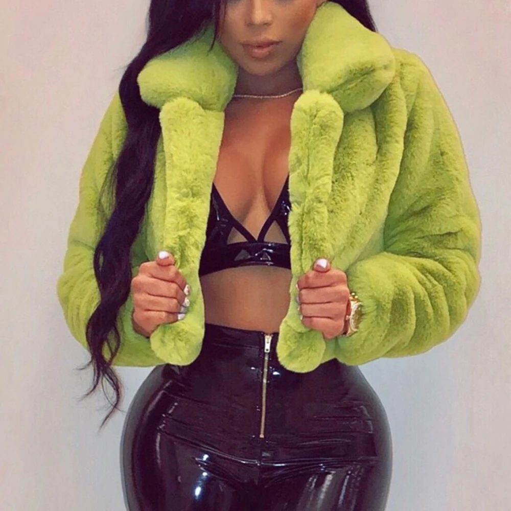 Club Fashion fluorescent green fur coat Winter Fluffy Fur Jackets 2021 Women Luxurious Furry Fur Cropped Jacket Warm Overcoat