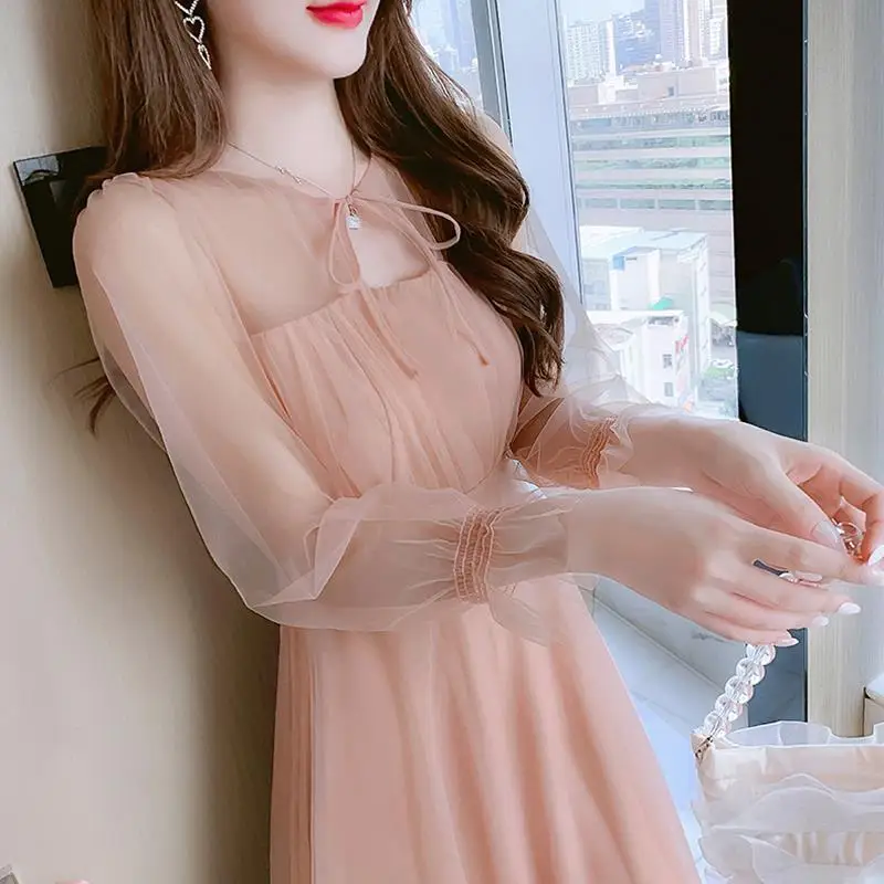 

New Woman Autumn Mesh Print Bodycon Dress Female Long Sleeve Lace Long Dresses Clothes Ladies Midi-length A-line Dresses G268