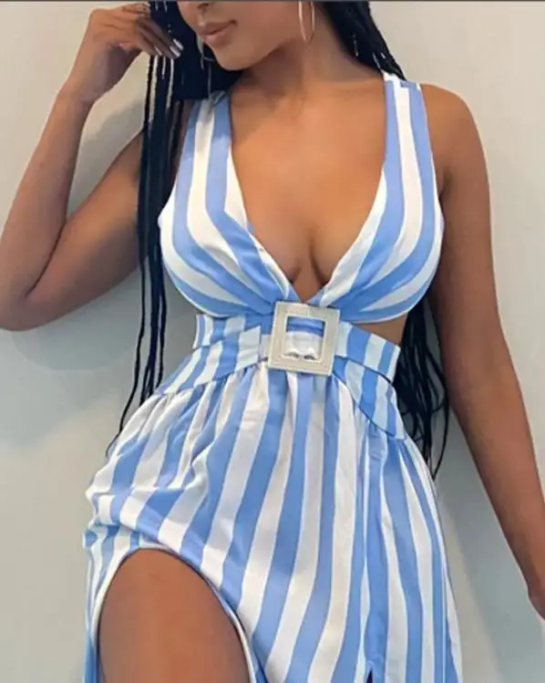 

Summer New Blue Striped Print Cutout High Slit Maxi Dress V Neck Waist Sleeveless Long Dresses 2022 Sexy