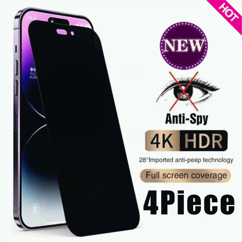 

4 Pieces! Full Cover Anti-Spy Tempered Glass for iPhone 14 13 12 11 15 Pro Max mini Private Glass for iPhone 7 8 Plus XR X XS
