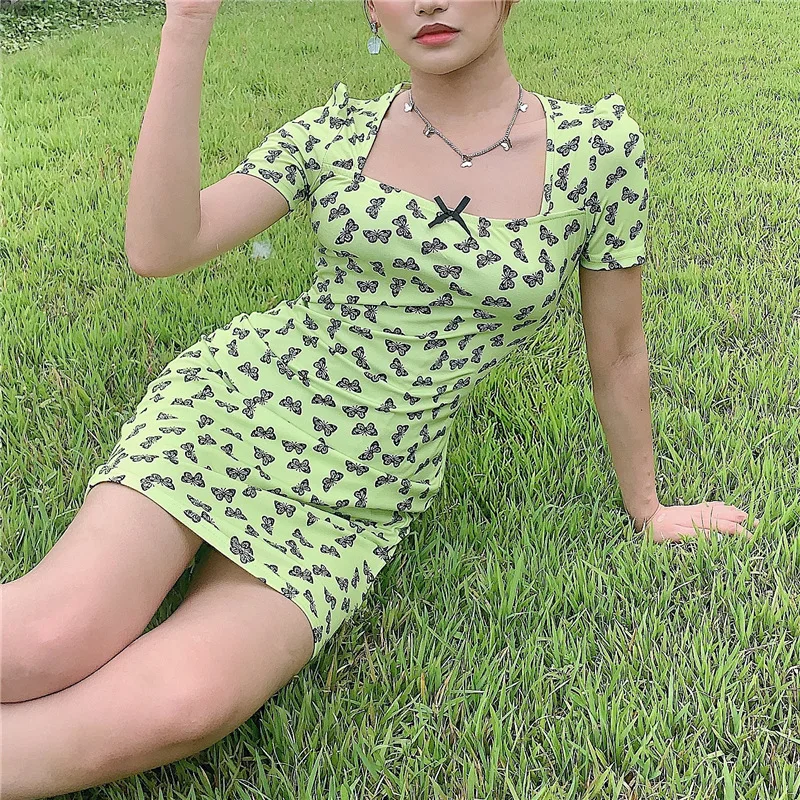 

Summer Sweet Butterfly Print Dress with Bandage 2023 Women Square Collar Short Sleeve Strawberry Dress Cottagecore Cute Clothing