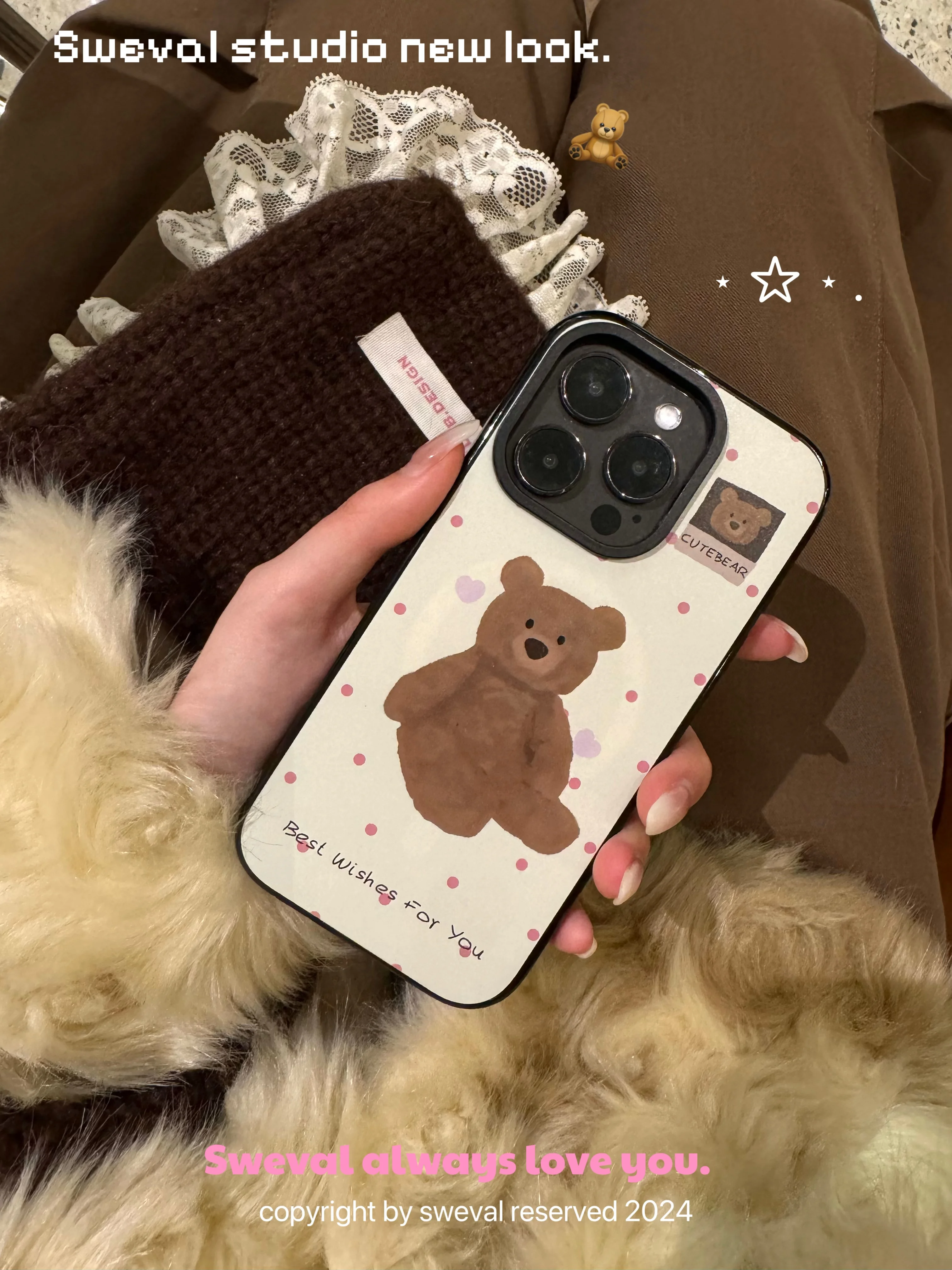 Sweet Valley Barcelona Bear Doll Jellycat South Korea Glossy Black round Acrylic Backboard Phone Case Frosted Suita... |