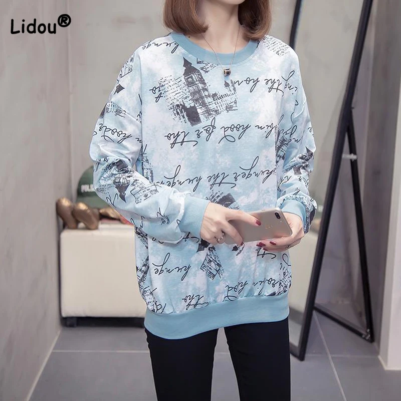 Women Cotton Korean Version New Round Neck Pullover Large Top Spring Autumn Print Long Office Lady Long Sleeve Loose Clothing