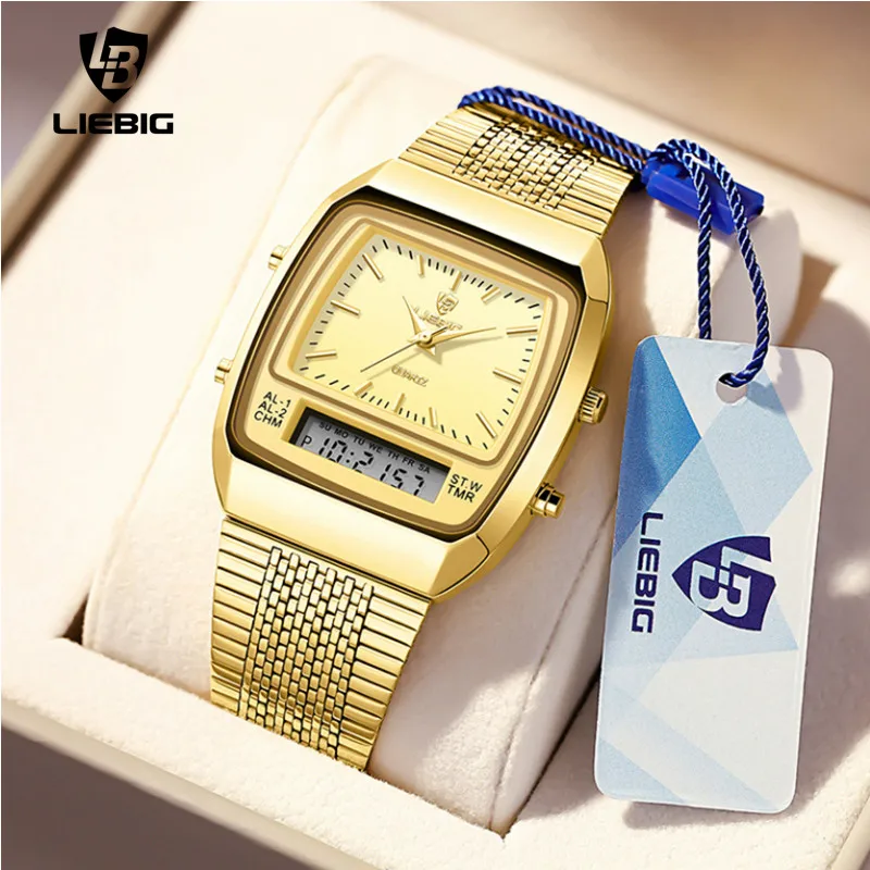 

LIEBIG Watch For Men Digital Double Display Fashion Gold Wristwatches Time Week 30M Waterproof Quartz Clock relogio masculino